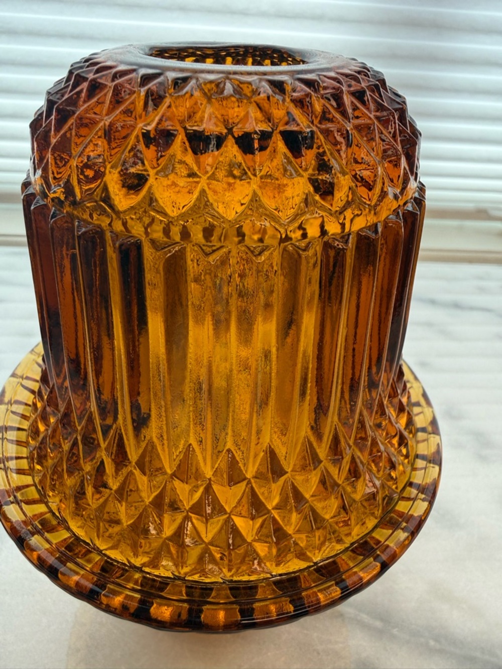 Vintage Indiana Glass Amber Fairy Lamp Diamond Point Pressed Glass Pedestal - Picture 2 of 9